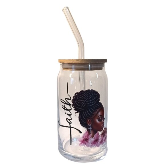 16oz Faith Black Queen Glass Can Cup with Bamboo Lid and Glass Straw - Picture 1 of 5
